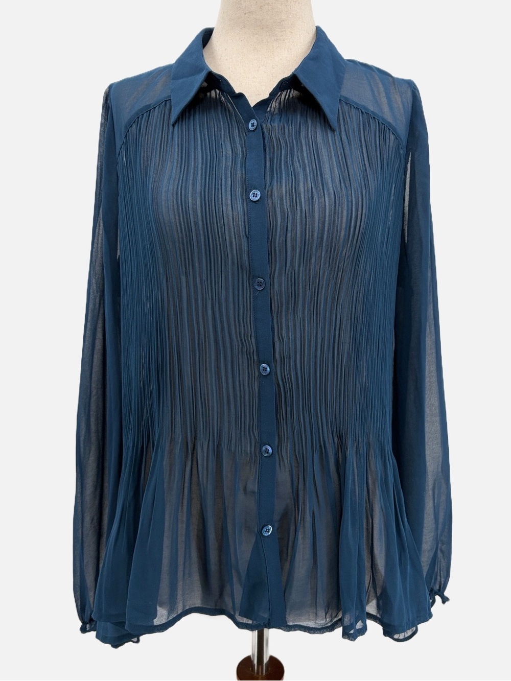 Farm Rio Blue Pleated Sheer Lace-Up Back Blouse Medium NEW